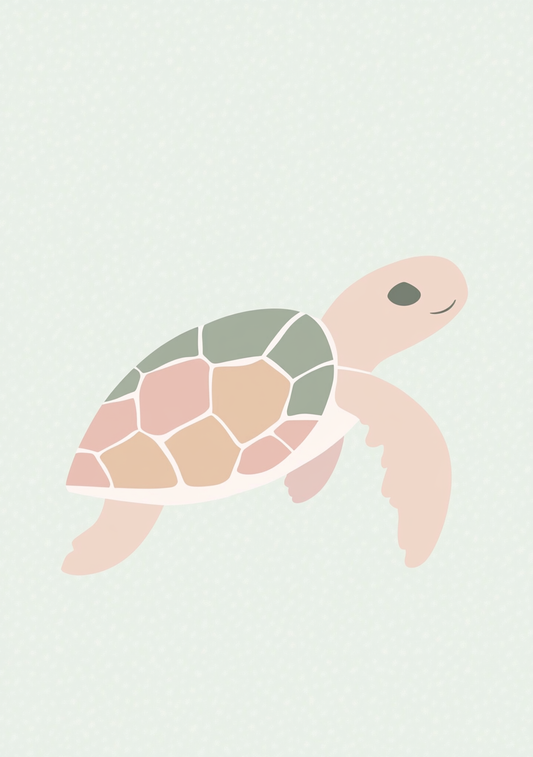 Minimalistisk skildpadde i rosa og grågrønne felter på en lys mintgrøn baggrund.