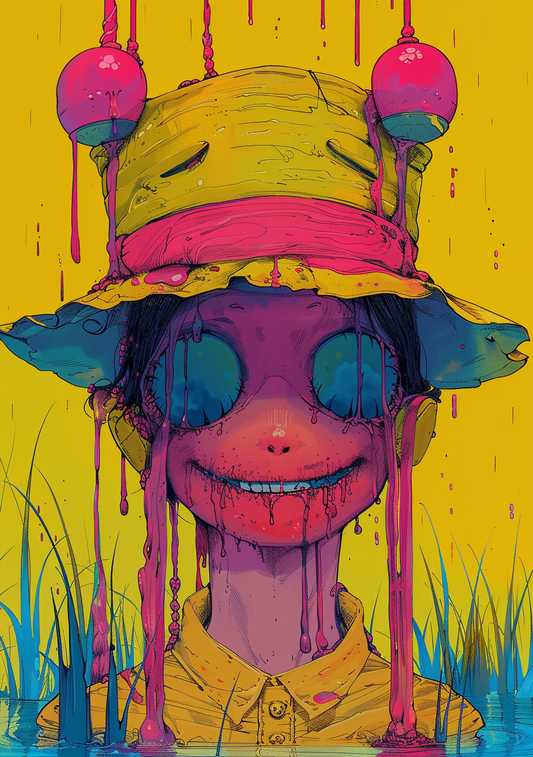En smilende figur med gul hat og store blå briller står mod en gul baggrund. Pink, blå og orange farver løber gennem figuren og giver et legende grafisk udtryk.