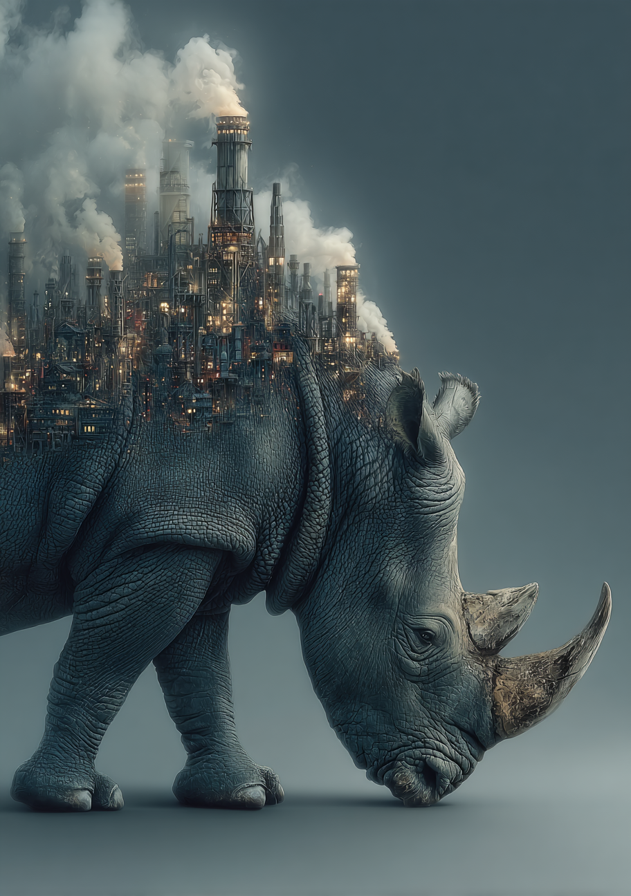 Et næsehorn bærer en tæt, industriel by på ryggen med høje skorstene og røg. Dyrets tunge form står mod en mørk blågrå baggrund og skaber et surrealistisk bylandskab.