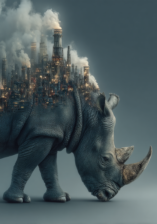 Et næsehorn bærer en tæt, industriel by på ryggen med høje skorstene og røg. Dyrets tunge form står mod en mørk blågrå baggrund og skaber et surrealistisk bylandskab.