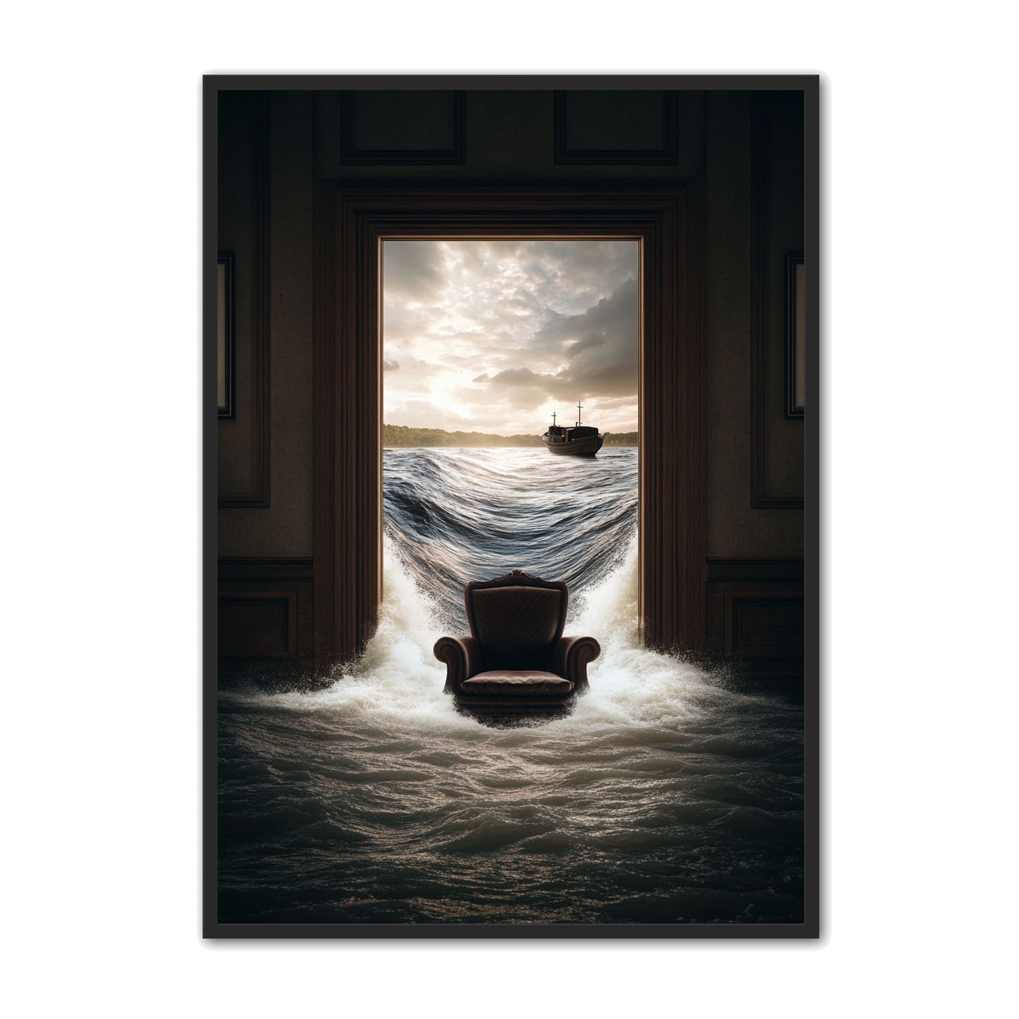 Surrealistisk Plakat 6 - Lænestol med Skib og Bølger