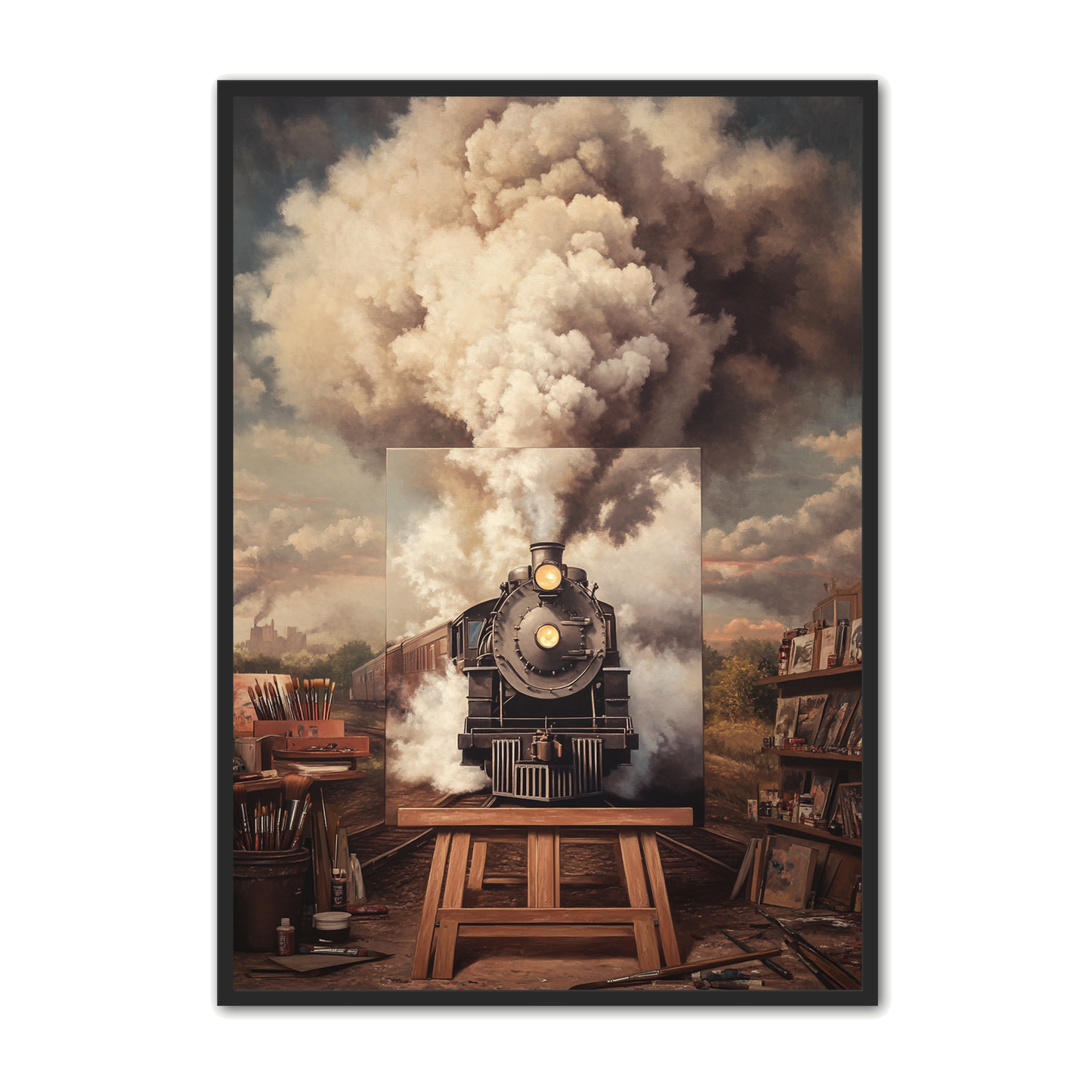 Surrealistisk Plakat 7 - Dampsky og Tog i Atelier