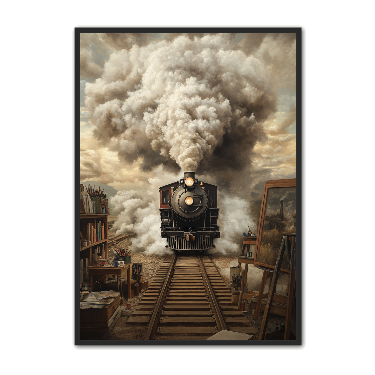 Surrealistisk Plakat 9 - Damptog og Atelier i Skyer