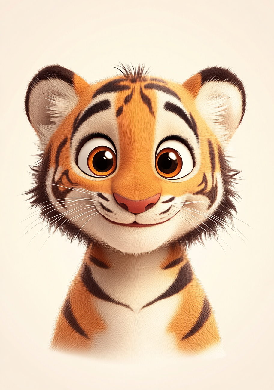 En lille tigerunge med store brune øjne, rund snude og et venligt smil ses på en lys baggrund. Orange pels, sorte striber og lyse kinder giver ansigtet tydelige former.