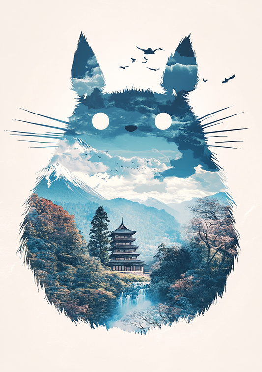 En Totoro-inspireret blå silhuet rummer et landskab med pagode, japansk inspirerede bjerge og lyst vand. Små fugle og fine grene bryder figurens ydre kant mod en lys baggrund.