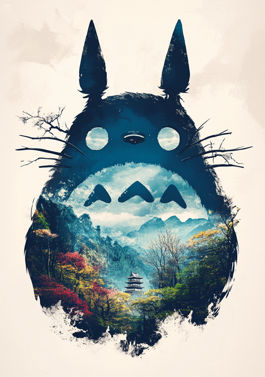En mørk Totoro-inspireret silhuet indeholder en bjergsø, skov og efterårsfarvede træer. Figurens store ører og lyse øjne står på en varm, lys baggrund.