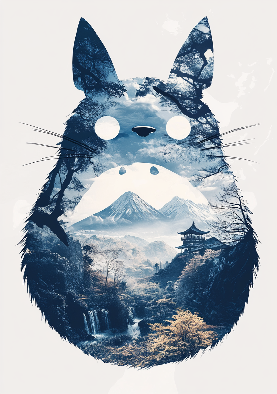 En blå Totoro-inspireret figur er fyldt med høje bjergformer, skov og et vandfald. De lyse øjne og den buede maveflade indgår i det detaljerede landskab.