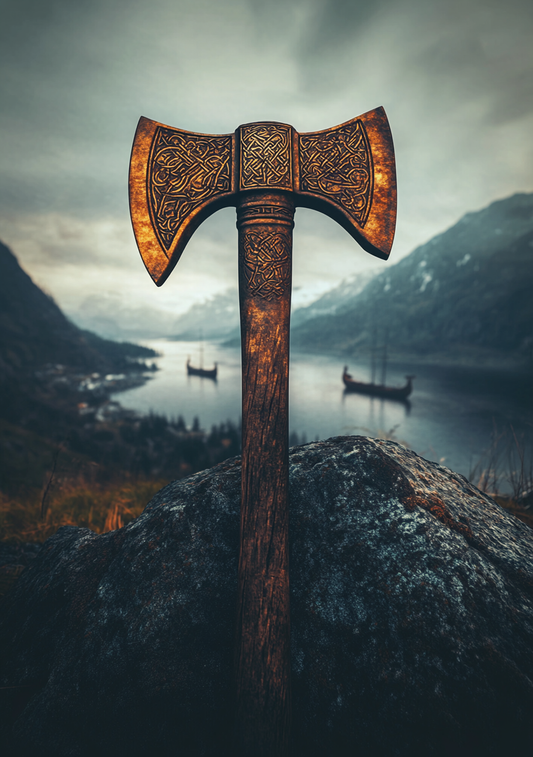En dobbeltøkse står på en klippe foran en nordisk fjord med stejle bjerge. Små skibe ligger på vandet under en diset himmel, og varme detaljer bryder de kølige grå toner.