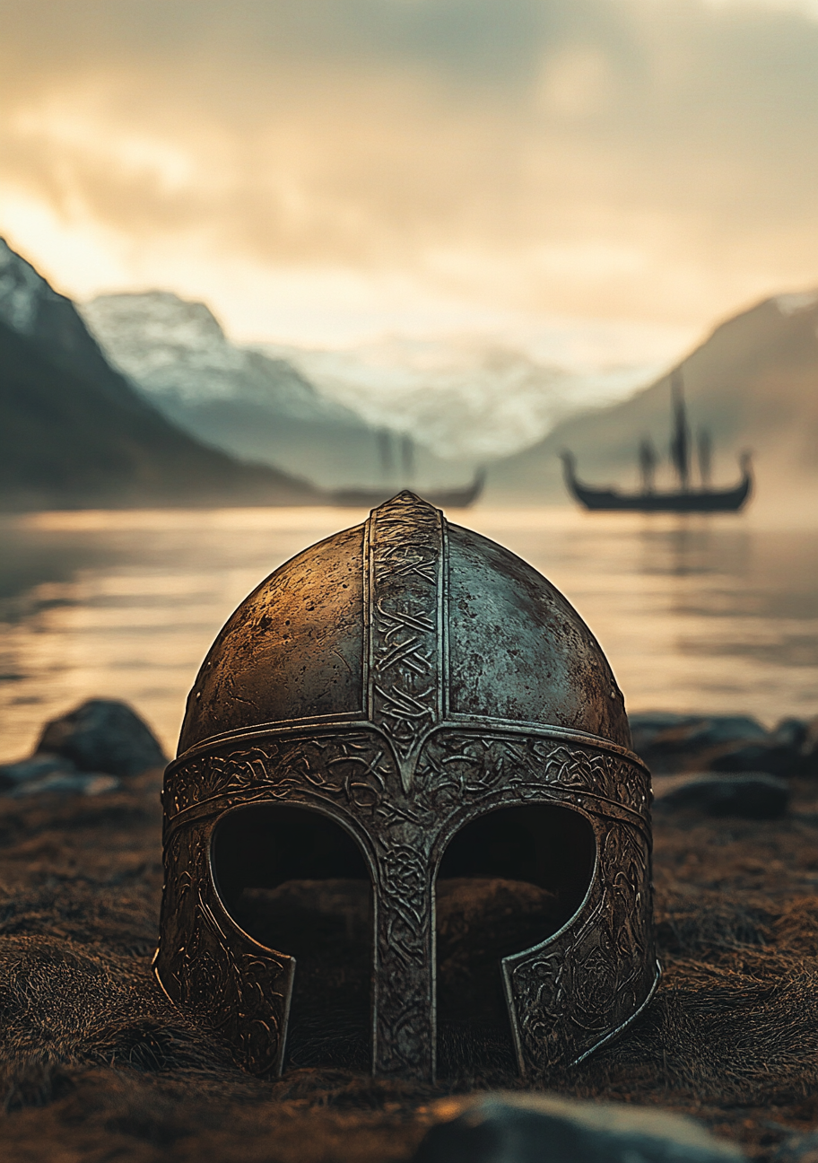 En mønstret hjelm står på en sten ved vandet med bjerge og et langskib i baggrunden. Det lyse fjordvand skaber afstand til den mørke hjelm i forgrunden.