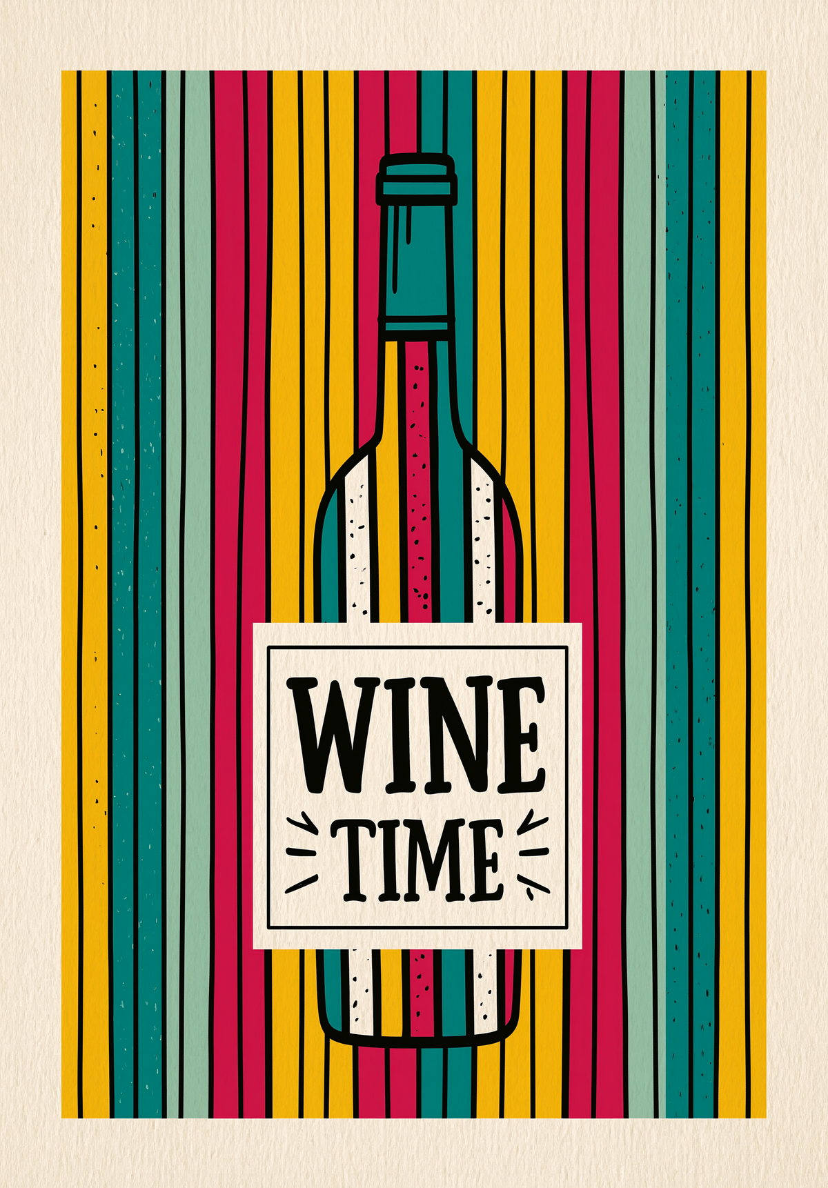 En vinflaske med WINE TIME-etiket står mellem stærke lodrette farvestriber på en gul flade. Grønne, røde og mørke linjer løber både bag flasken og gennem dens form.