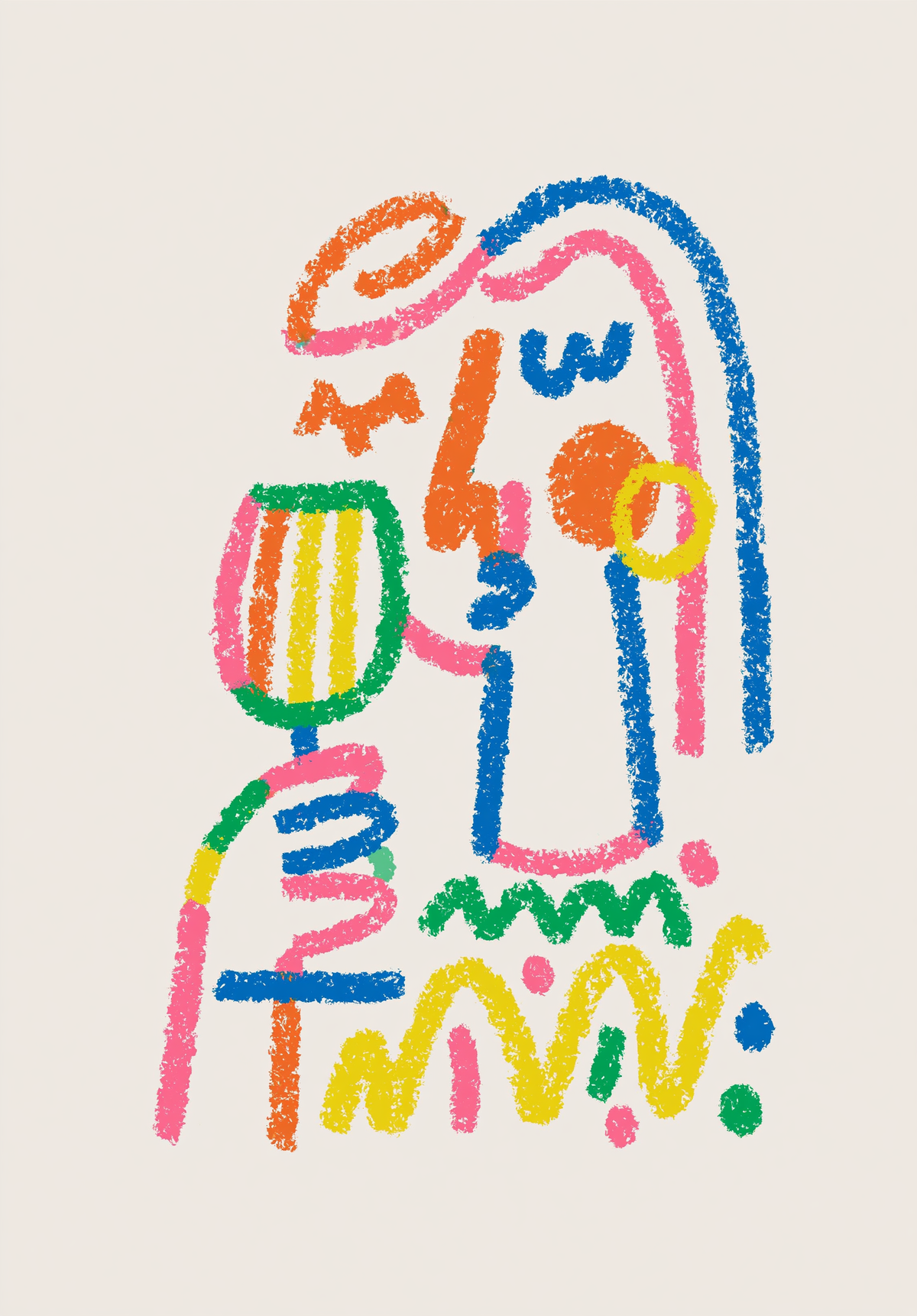 Abstrakt kvindefigur med vinglas tegnet i orange, blå, grøn og pink streg på beige bund.
