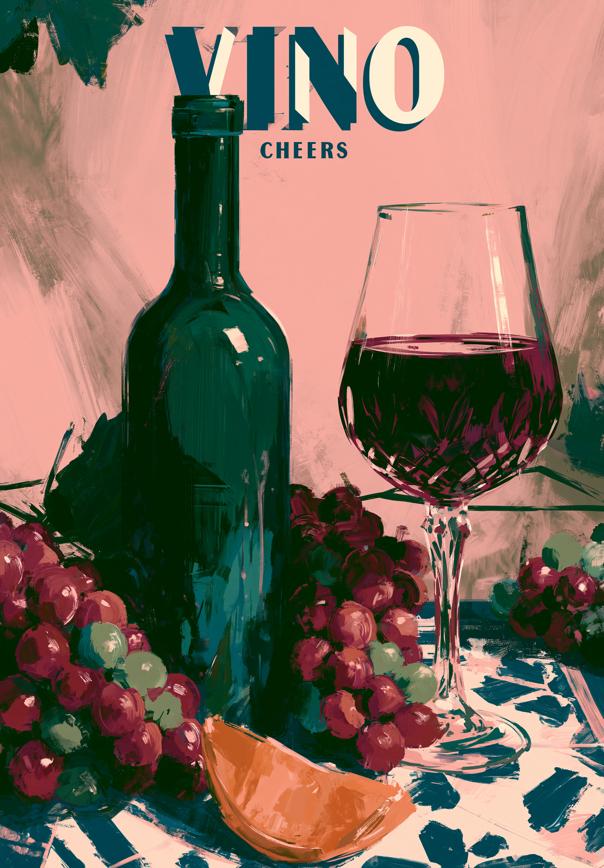Vinflaske, glas rødvin, druer og appelsin under VINO-tekst på rosa baggrund med grønne detaljer.