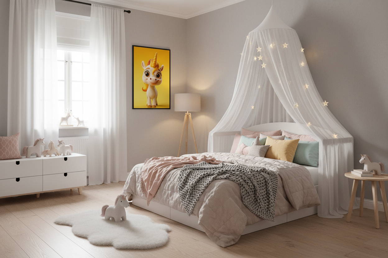 Børneværelse med sengehimmel og enhjørning plakat