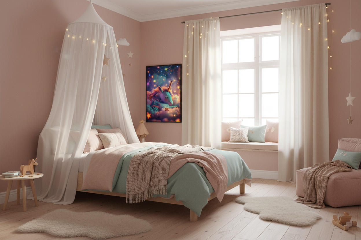 Børneværelse med sengehimmel og enhjørning plakat