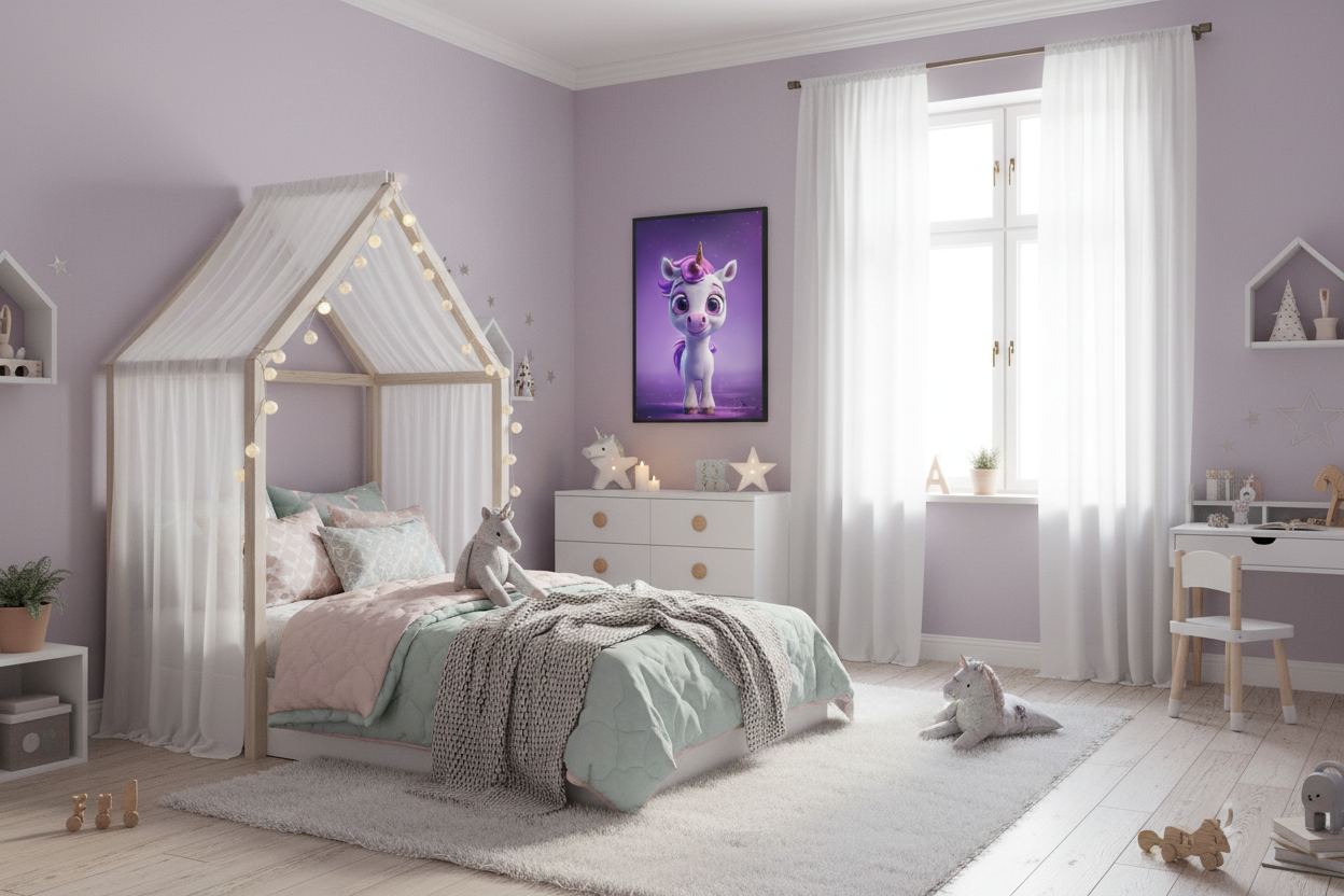 Børneværelse med sengehimmel og enhjørning plakat