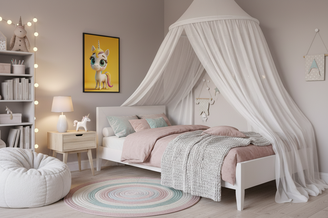 Børneværelse med sengehimmel og enhjørning plakat