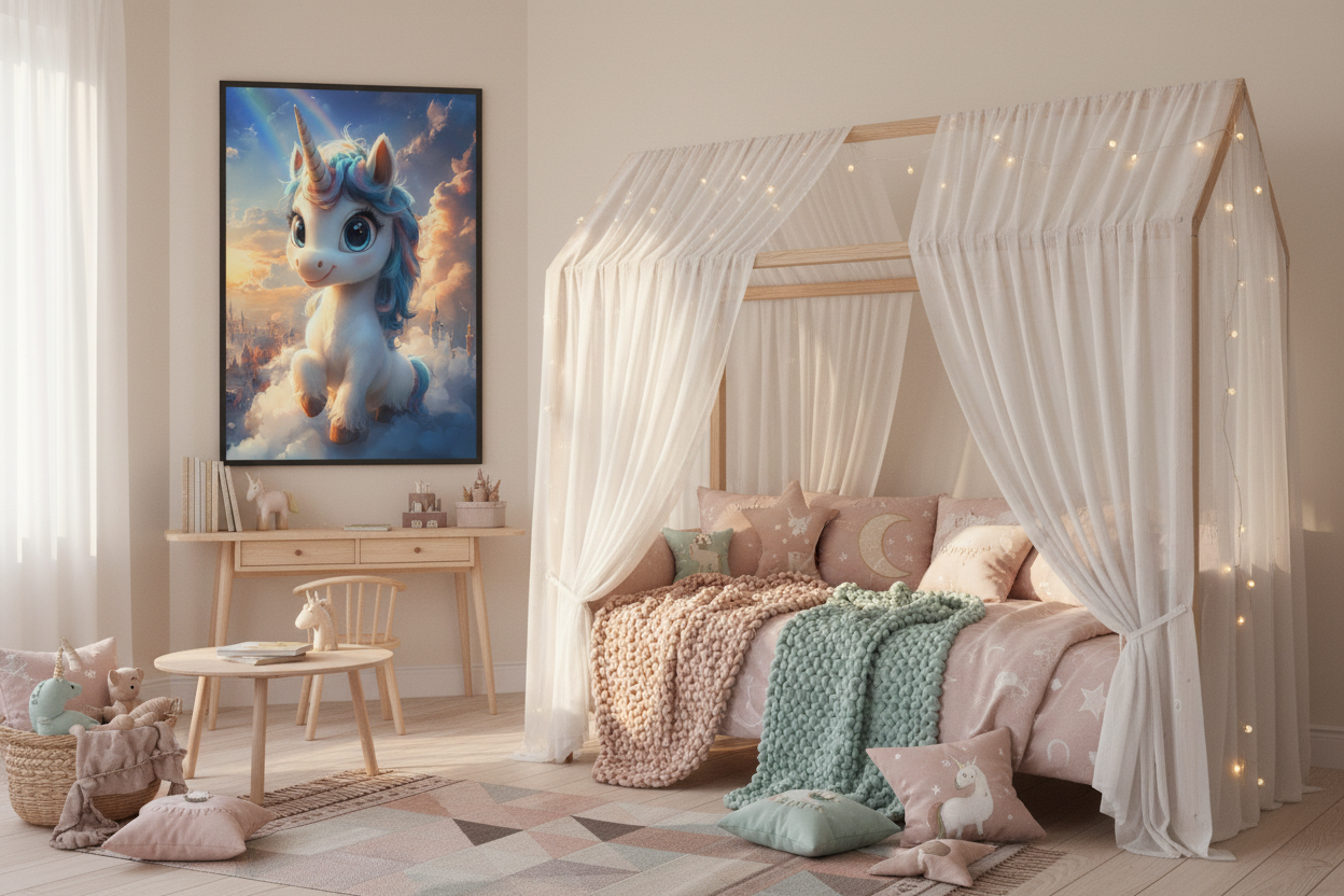 Børneværelse med sengehimmel og enhjørning plakat