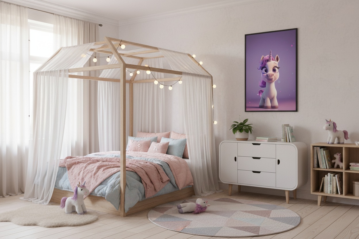 Børneværelse med sengehimmel og enhjørning plakat