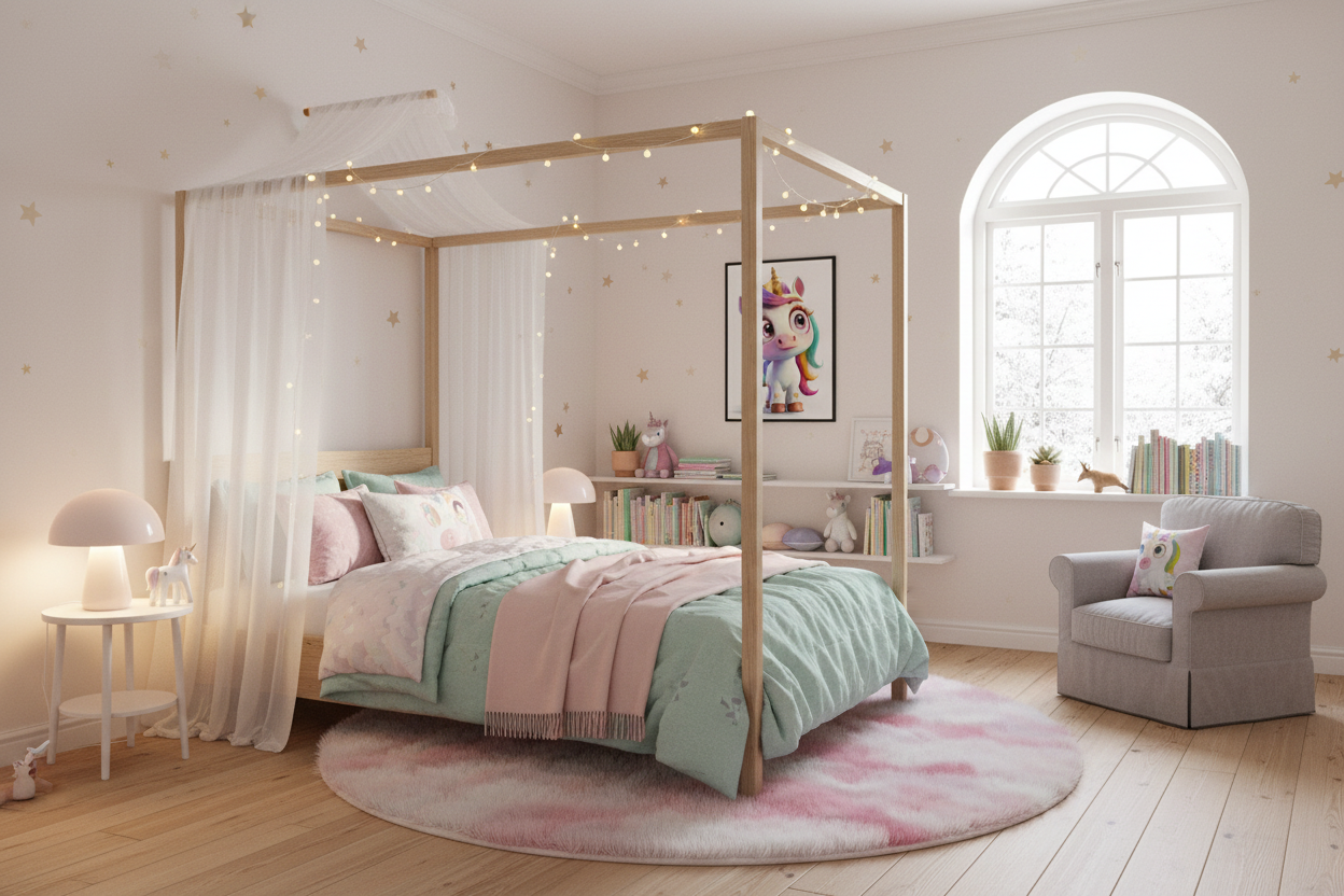 Børneværelse med sengehimmel og enhjørning plakat