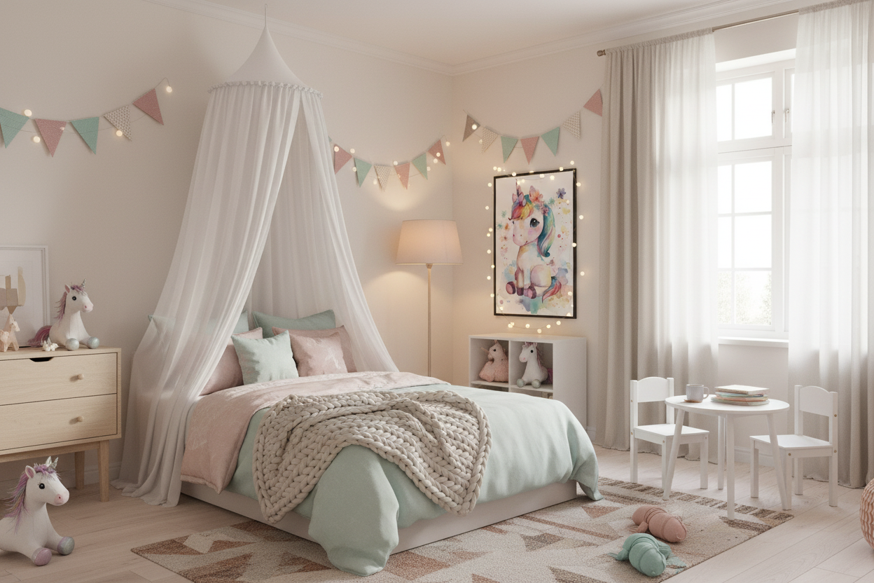 Børneværelse med sengehimmel og enhjørning plakat