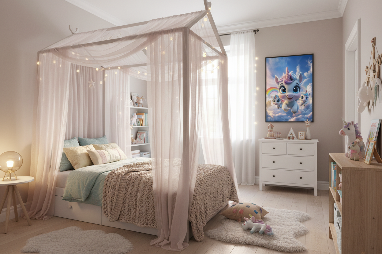 Børneværelse med sengehimmel og enhjørning plakat