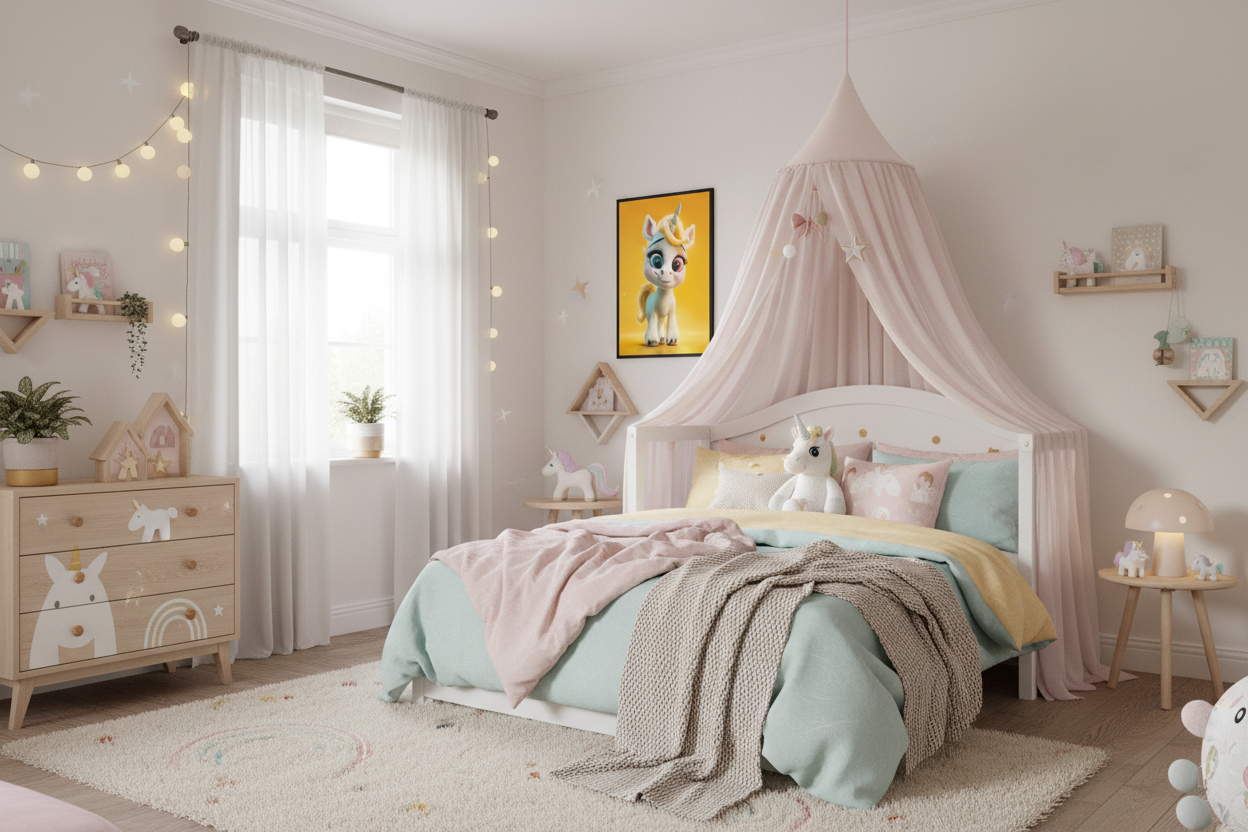 Børneværelse med sengehimmel og enhjørning plakat