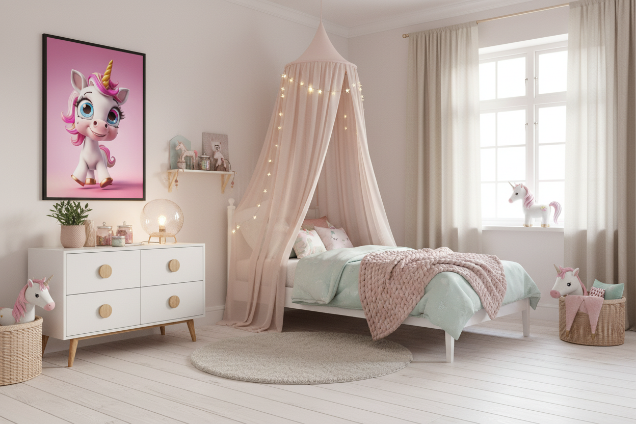 Børneværelse med sengehimmel og enhjørning plakat