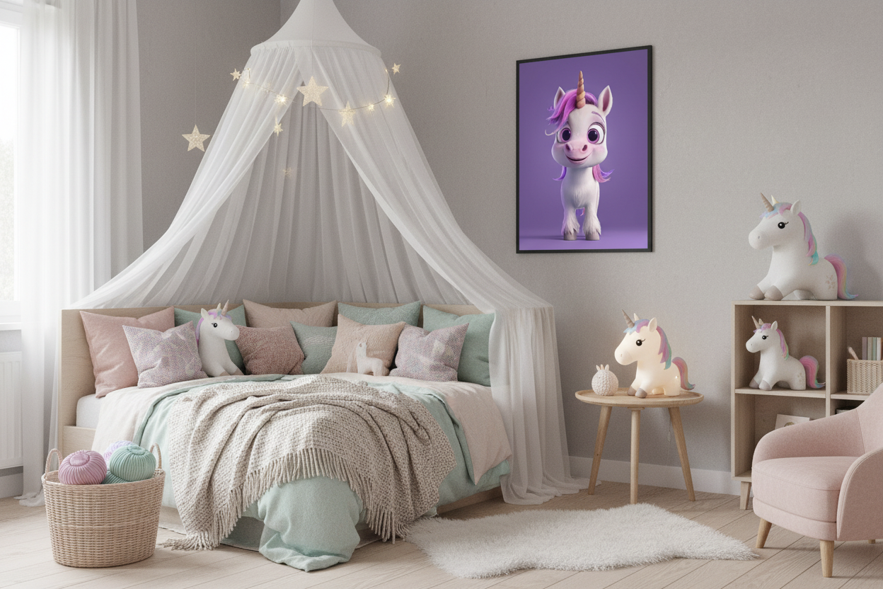 Børneværelse med sengehimmel og enhjørning plakat