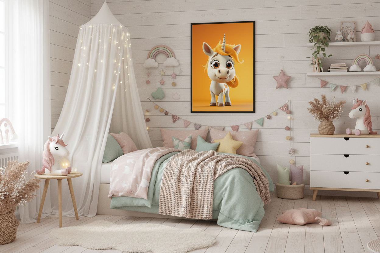 Børneværelse med sengehimmel og enhjørning plakat