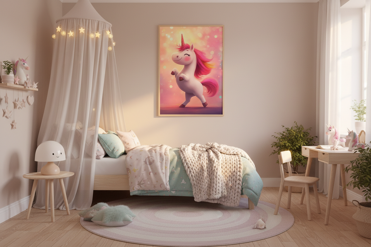 Børneværelse med sengehimmel og enhjørning plakat