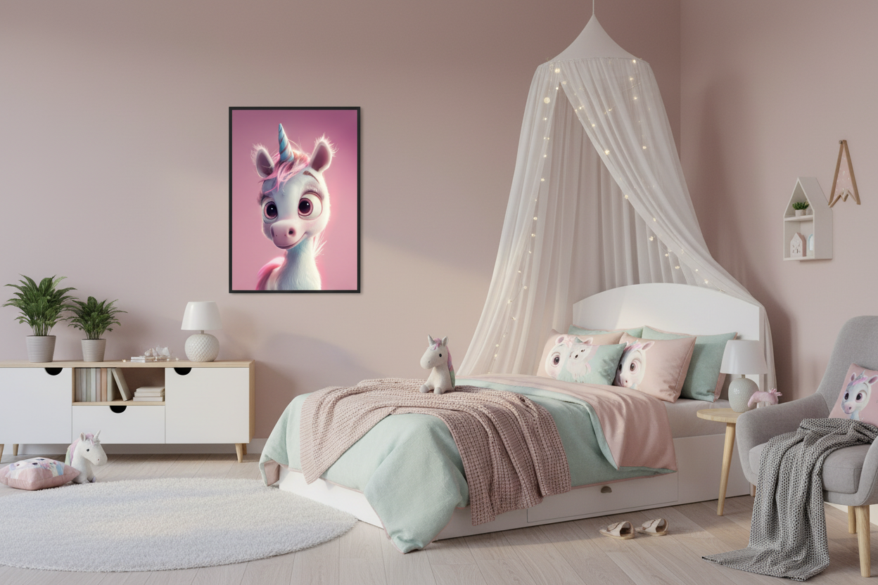 Børneværelse med sengehimmel og enhjørning plakat