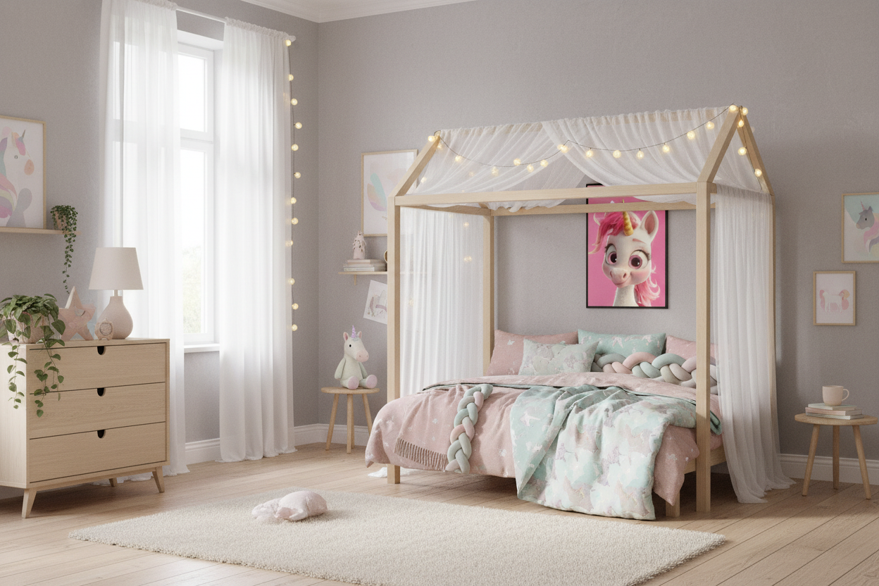 Børneværelse med sengehimmel og enhjørning plakat