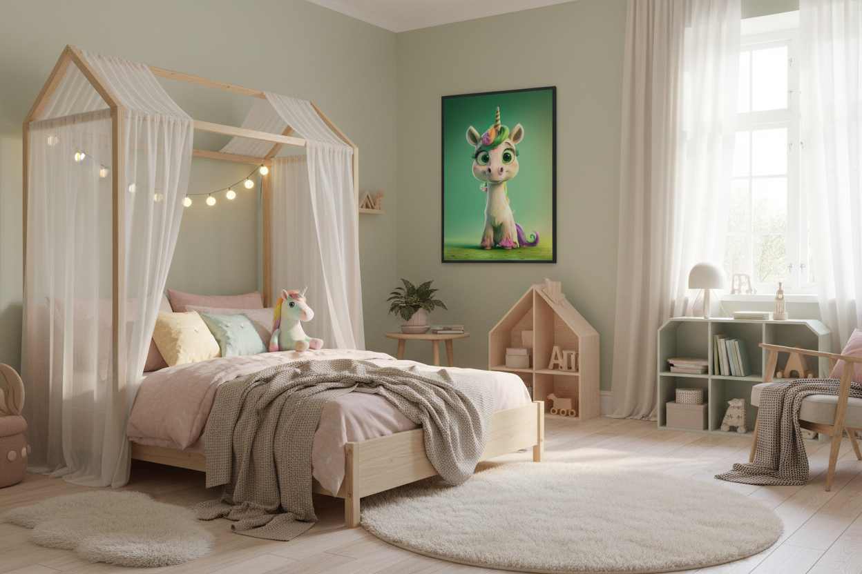 Børneværelse med sengehimmel og enhjørning plakat