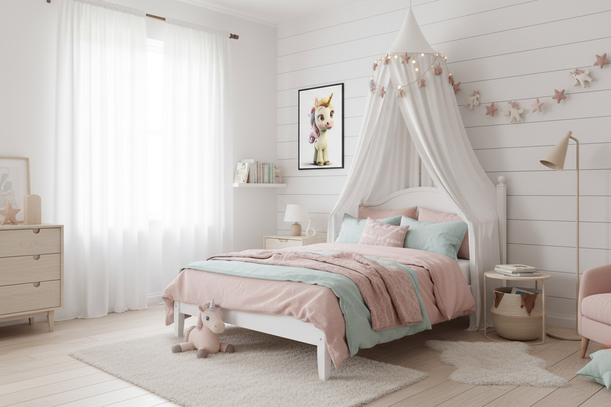 Børneværelse med sengehimmel og enhjørning plakat