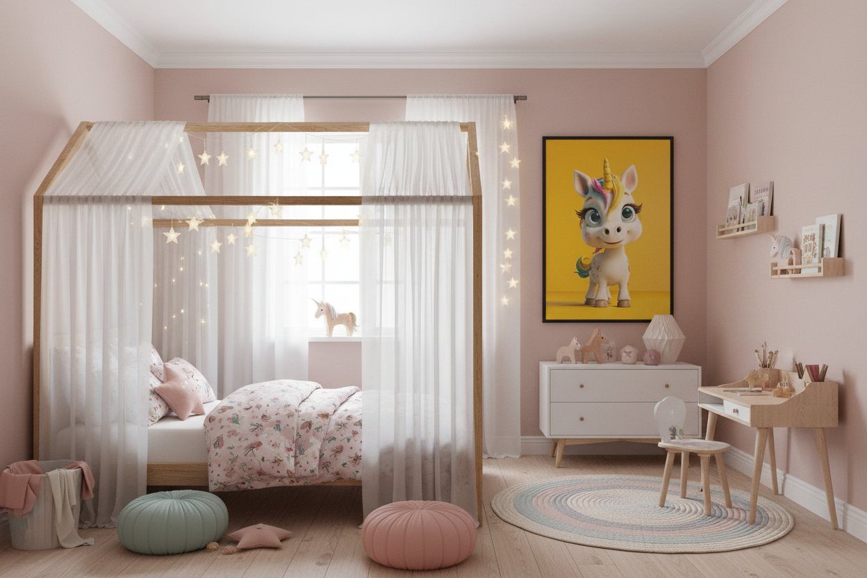 Børneværelse med sengehimmel og enhjørning plakat