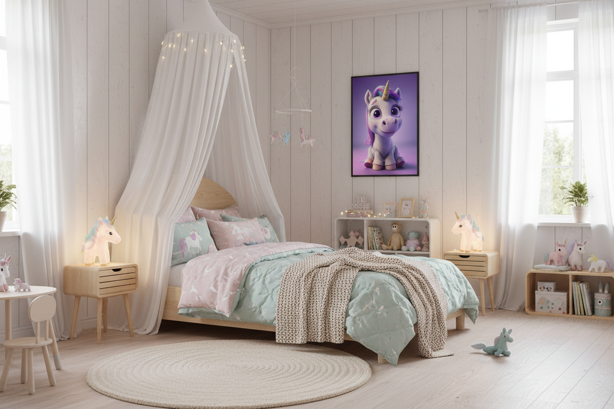 Børneværelse med sengehimmel og enhjørning plakat