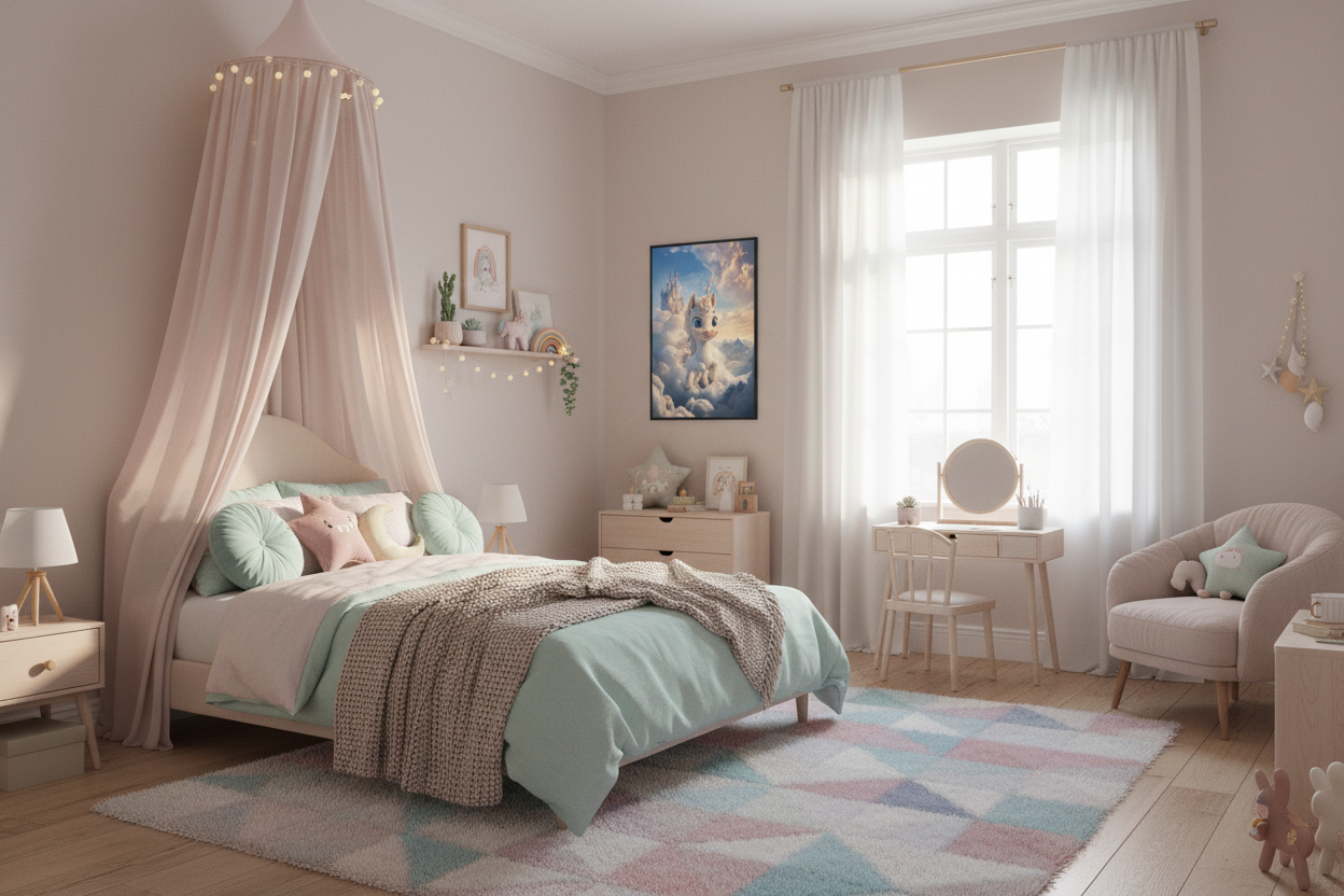 Børneværelse med sengehimmel og enhjørning plakat