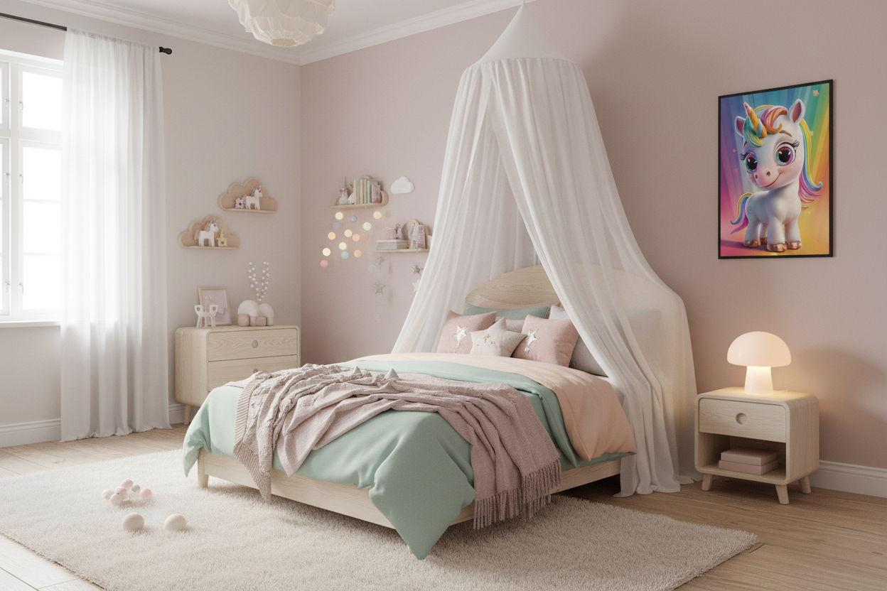 Børneværelse med sengehimmel og enhjørning plakat