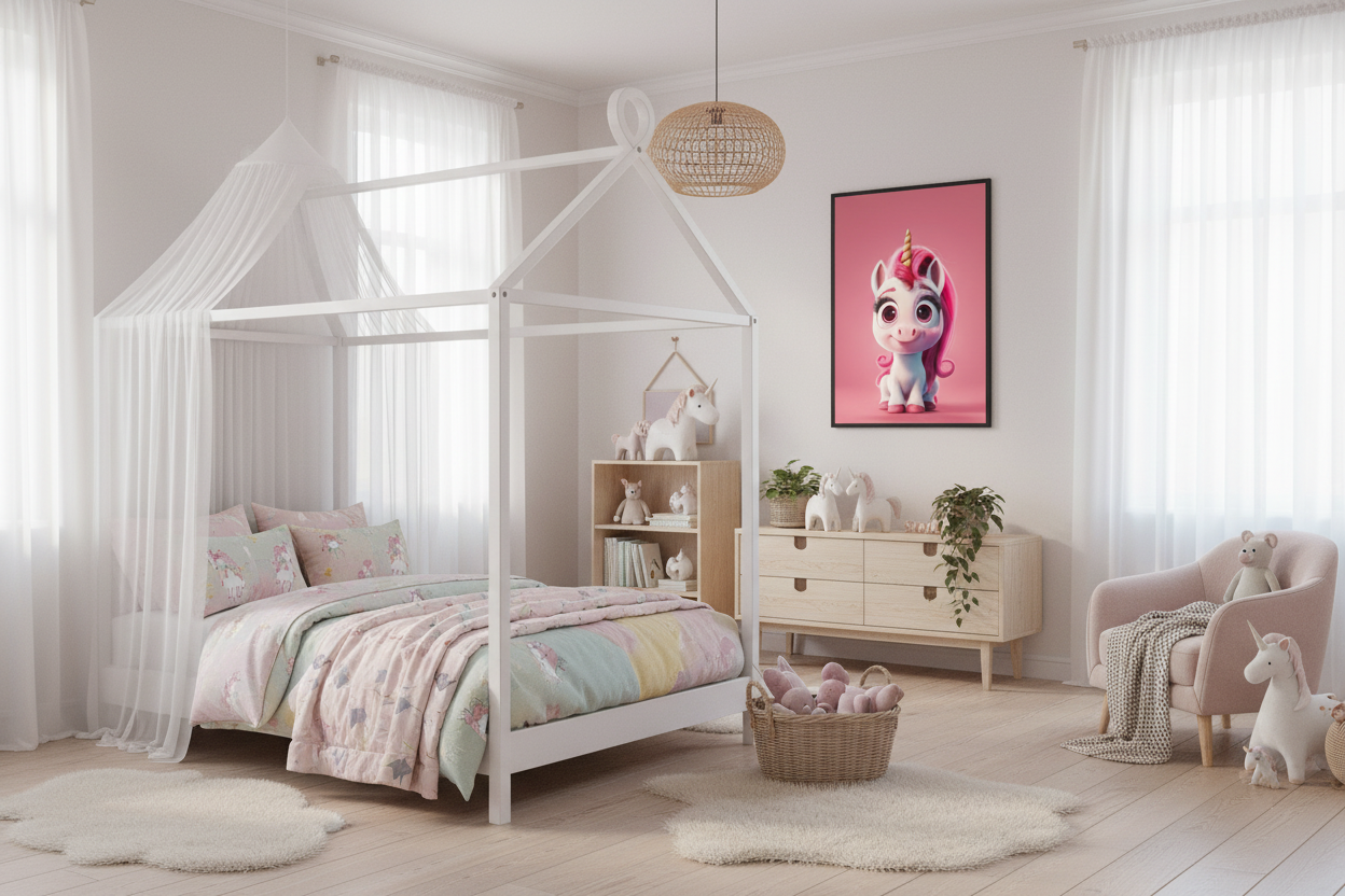 Børneværelse med sengehimmel og enhjørning plakat