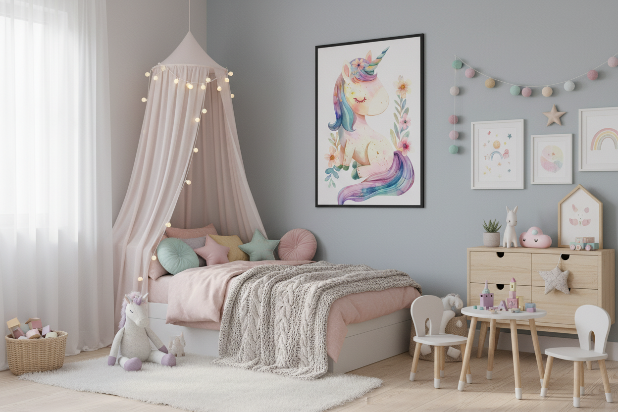 Børneværelse med sengehimmel og enhjørning plakat