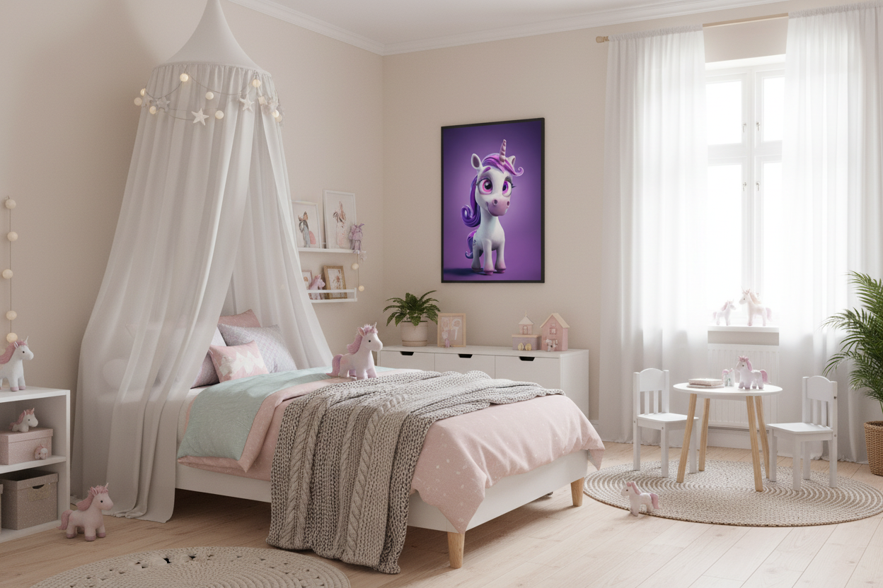 Børneværelse med sengehimmel og enhjørning plakat