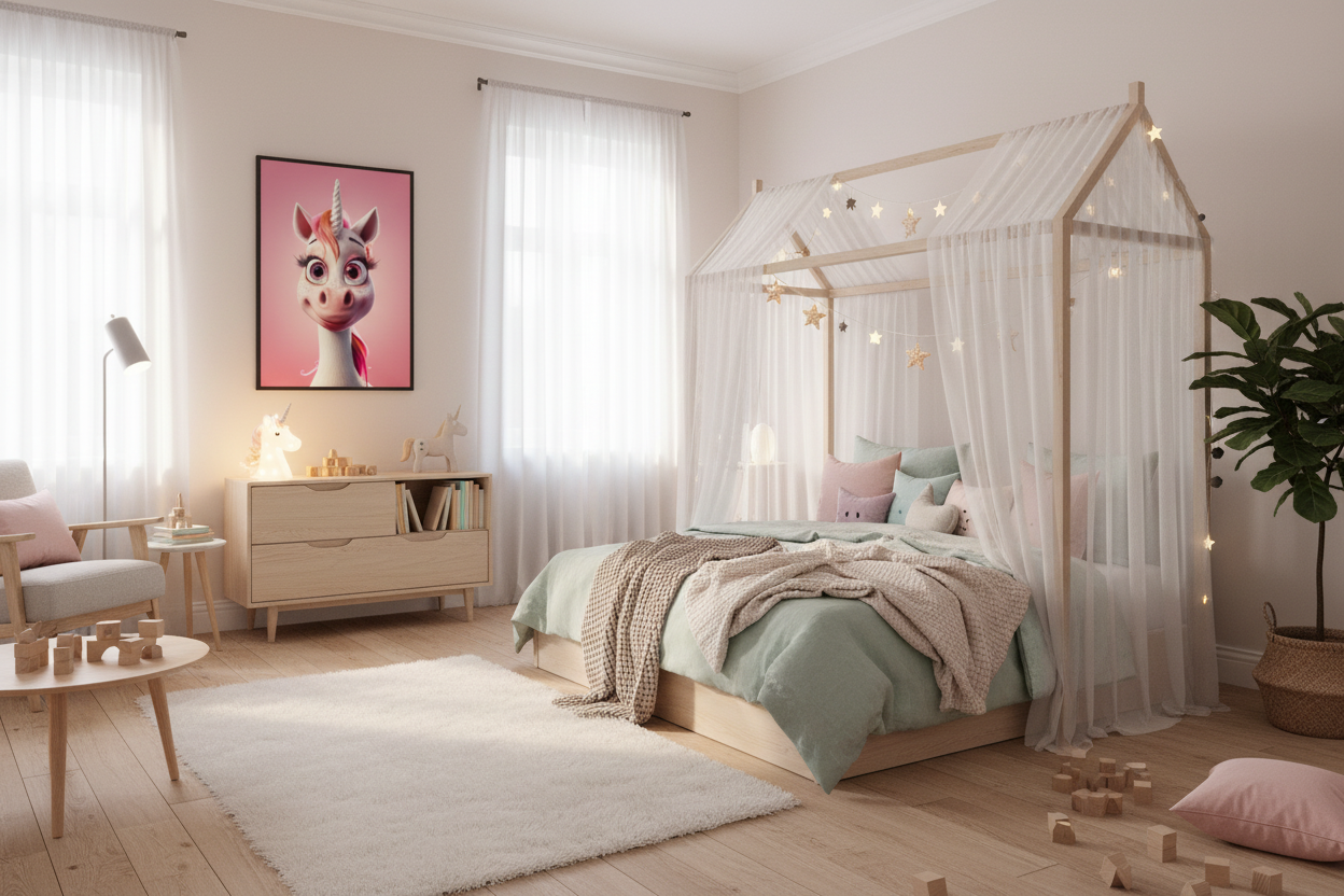 Børneværelse med sengehimmel og enhjørning plakat