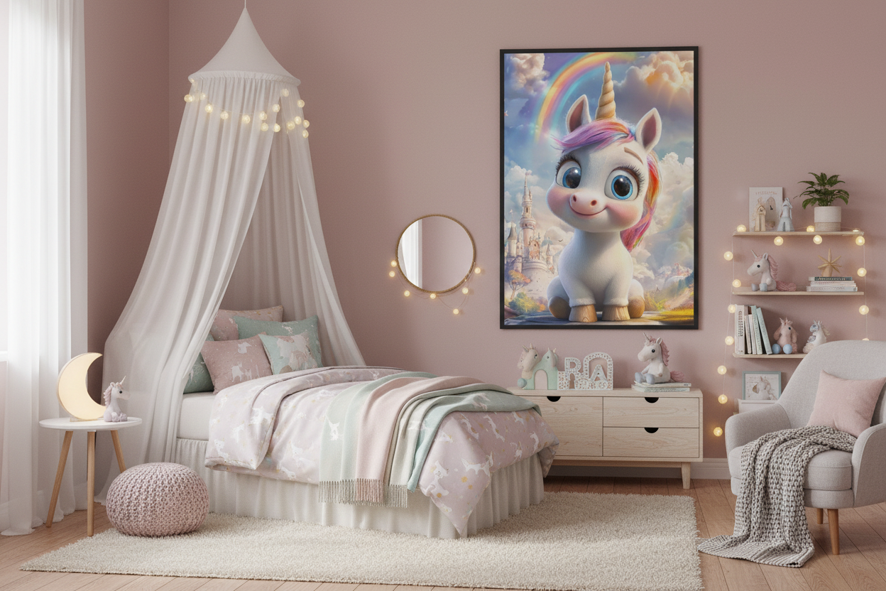 Børneværelse med sengehimmel og enhjørning plakat