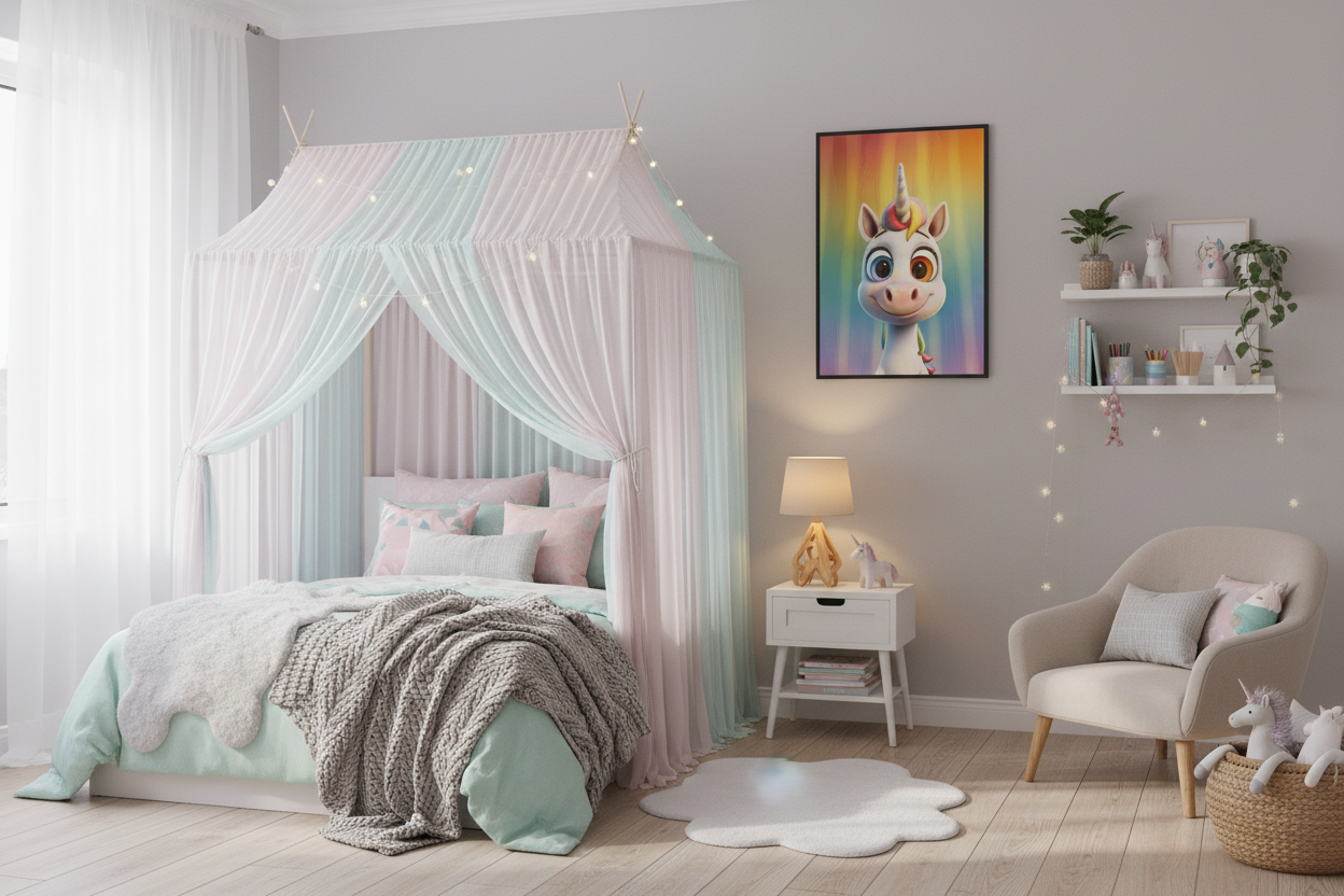 Børneværelse med sengehimmel og enhjørning plakat