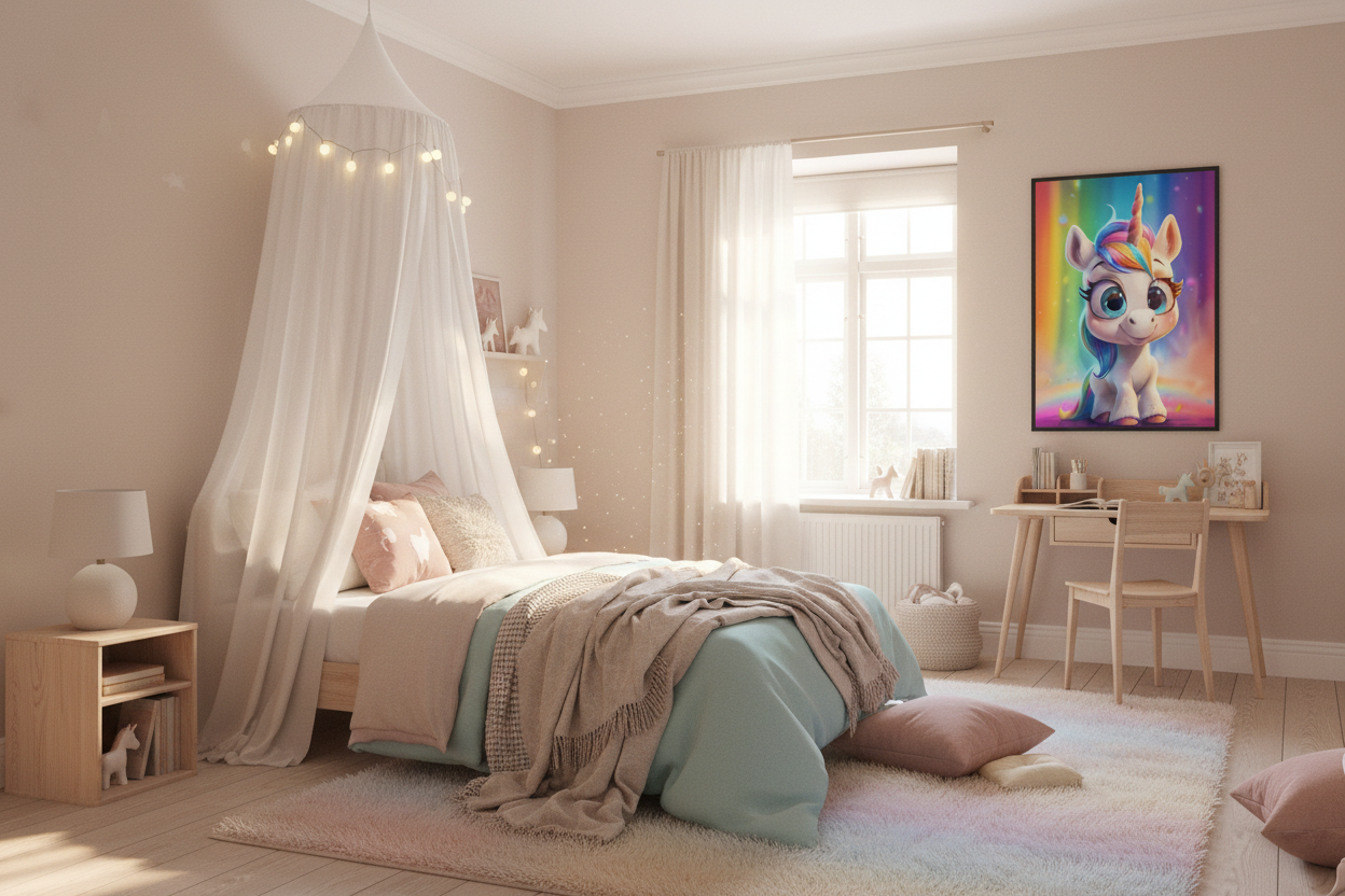 Børneværelse med sengehimmel og enhjørning plakat