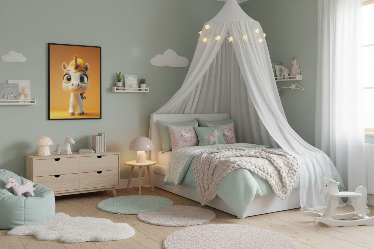 Børneværelse med sengehimmel og enhjørning plakat