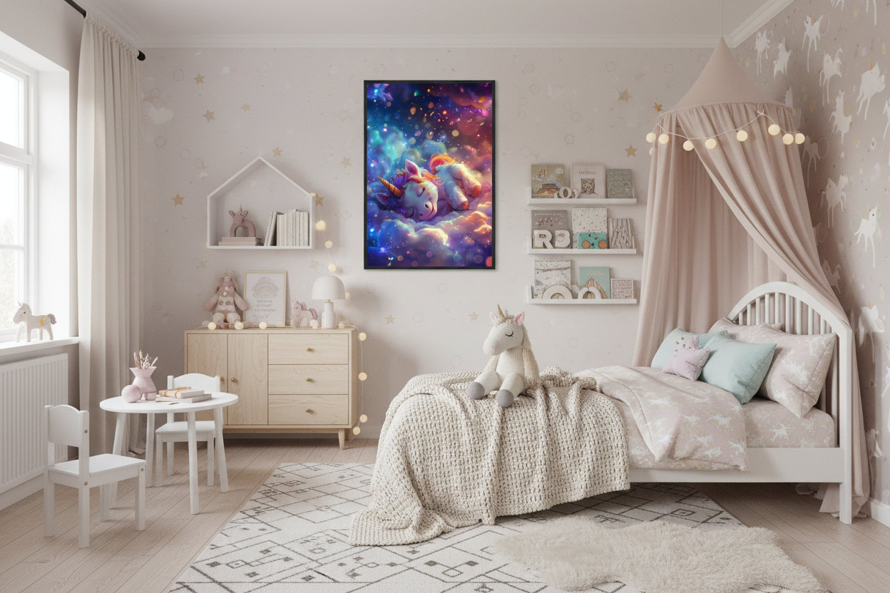 Børneværelse med sengehimmel og enhjørning plakat