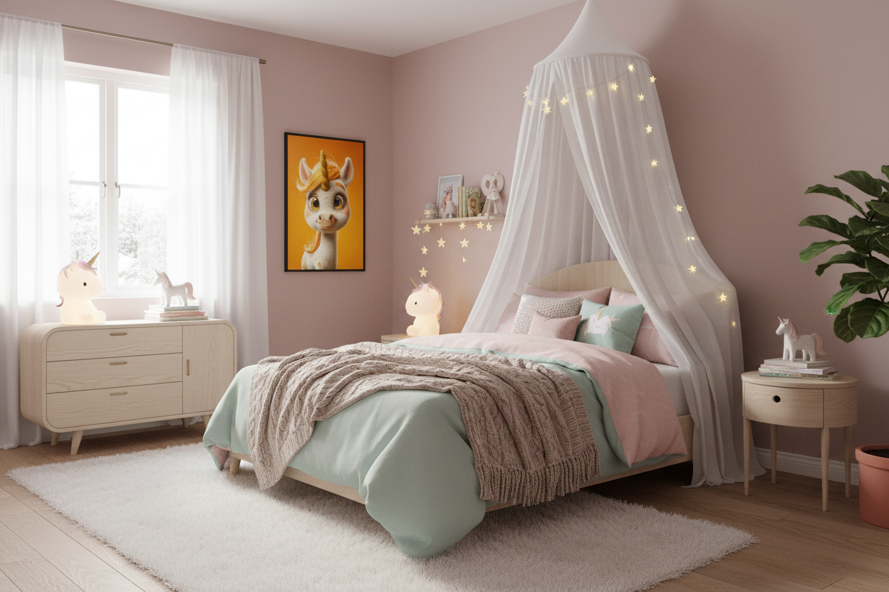 Børneværelse med sengehimmel og enhjørning plakat