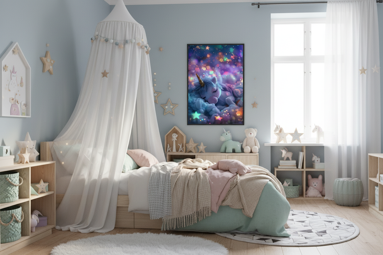 Børneværelse med sengehimmel og enhjørning plakat
