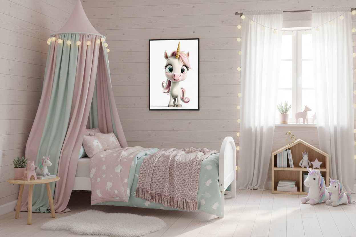 Børneværelse med sengehimmel og enhjørning plakat